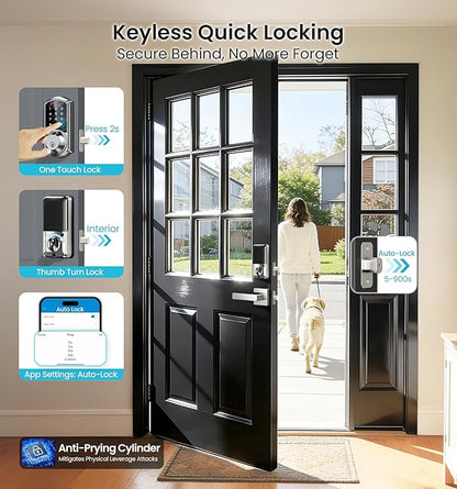Veise VE07-L Fingerprint App Control Smart Locks with Heavy-Duty Zinc Alloy Handles, Keyless Entry for Front Door, Digital Electronic Touchscreen, Auto Lock, Waterproof, Easy Install, Satin Nickel
