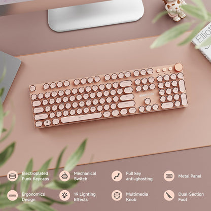 EWEADN Typewriter Style Mechanical Gaming Keyboard, Wired Mechanical Keyboards,104 Keys Backlit LED Keyboards, Media Control Knob, Wired Computer Keyboard Pink Switch for Windows/Mac/PC-Pink