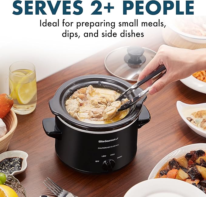 Elite Gourmet MST-250XBX Electric Slow Cooker Ceramic Pot, with Adjustable Temp, Entrees, Sauces, Soups, Roasts, Stews & Dips, Dishwasher Safe (1.5 Quart, Black)