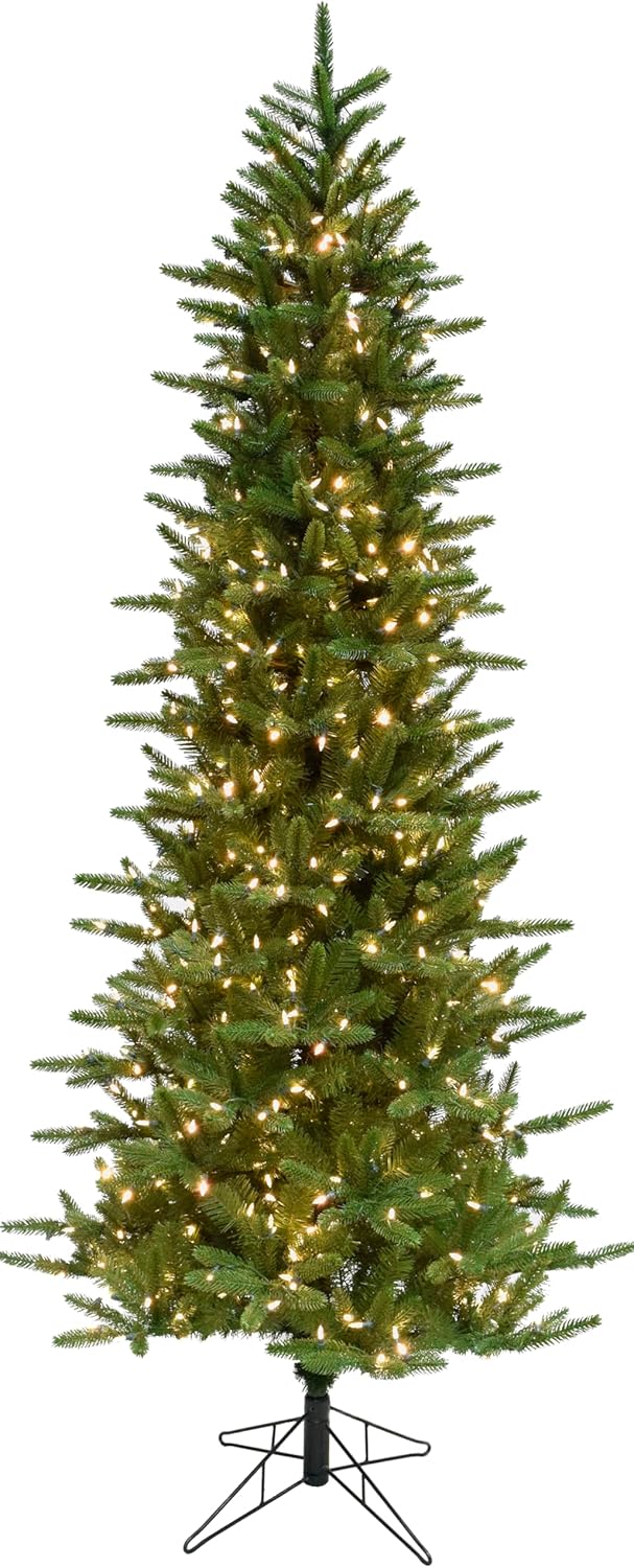 Fraser Hill Farm 9-Ft. Carmel Pine Slim Artificial Christmas Tree with Warm White LED Lights and Stand, Prelit Foldable Fake Tree with Realistic Foliage for Home Decoration