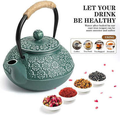 Sotya Cast Iron Teapot, 30oz/900ml Japanese Tetsubin Tea Pot with Infuser for Loose Leaf and Tea Bags, Tea Kettle Coated with Enameled Interior for Stove Top, Dark Green