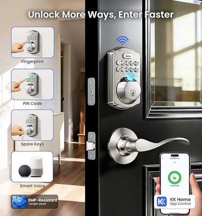Veise VE012W-B Wi-Fi Fingerprint Smart Lock with Handle Set, Remote App Control, Keyless Entry Front Door Lever, Built-in WiFi No Hub Needed, Backlit Keypad Deadbolt, Auto-Locking, Satin Nickel