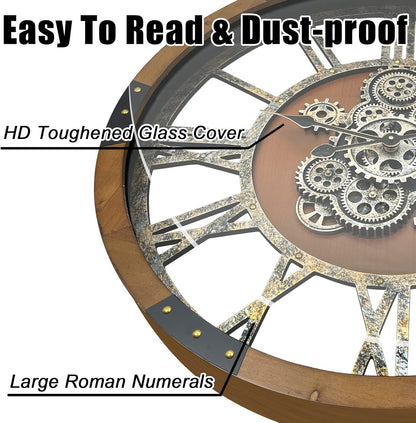 DORBOKER 24" Original Moving Gears Wall Clock, Large Industrial Wall Clock for Living Room Decor, Retro Wood Vintage Farmhouse Steampunk Rustic Clocks for Wall Decor,Brown Nanmu
