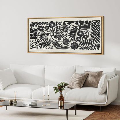 MUDECOR Extra Large Framed Canvas Print Wall Art Monochrome Botanicals Black and White Floral Illustrations Antique Retro Fine Art Illustrations Decorative Colorful for Bedroom - 60"x30"
