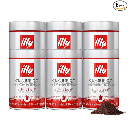 illy Ground Moka Coffee, Classico Medium Roast, 100% Arabica, Premium Italian Coffee, Pre-Ground for Moka Pot or Stovetop Brewing, 8.8oz, 6 Pack