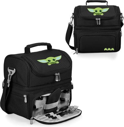 PICNIC TIME Star Wars Mandalorian Grogu Pranzo Insulated Lunch Box, Soft Sided Lunch Cooler Bag with Utensil Set, Dual Compartment Lunch Tote, (Black)