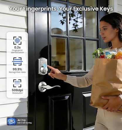 Veise VE012W-B Wi-Fi Fingerprint Smart Lock with Handle Set, Remote App Control, Keyless Entry Front Door Lever, Built-in WiFi No Hub Needed, Backlit Keypad Deadbolt, Auto-Locking, Satin Nickel