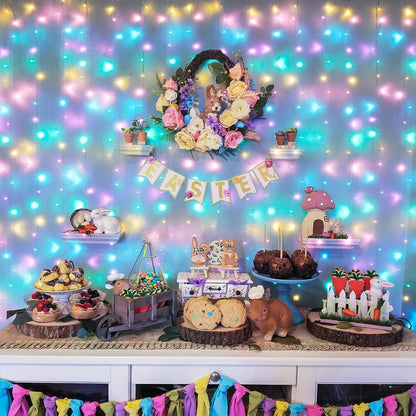 JMEXSUSS 300LED Easter Decorations Curtain Lights with Remote, 9.8x9.8ft Easter Sting Lights Plug in for Bedroom Wall Window Party Backdrop Porch Patio Garden Yard Indoor Outdoor Decor