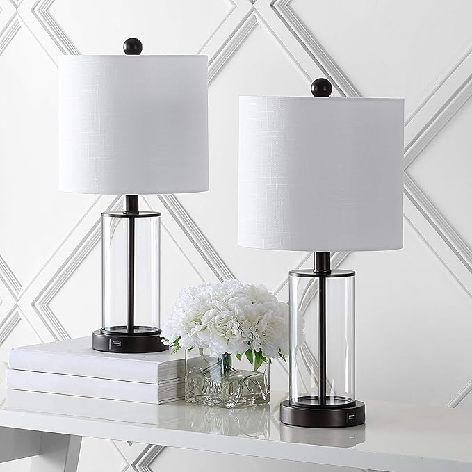 JONATHAN Y 21" Oil Rubbed Bronze/Clear Modern Glass Table Lamp Set of 2, Bedside Nightstand Lamps with USB Charging Port, White Linen Shade, LED Bulbs Included JYL8500A-SET2