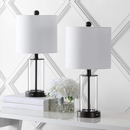 JONATHAN Y 21" Oil Rubbed Bronze/Clear Modern Glass Table Lamp Set of 2, Bedside Nightstand Lamps with USB Charging Port, White Linen Shade, LED Bulbs Included JYL8500A-SET2