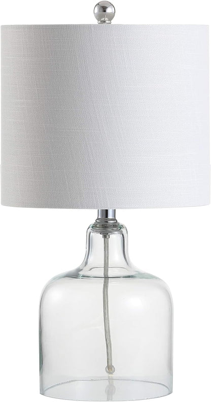 JONATHAN Y 19" Clear Glass Bell Table Lamp for Living Room Bedroom, White Linen Drum Shade, Modern Coastal Bedside Nightstand Lamp with LED Bulb, UL Listed (JYL1036C)