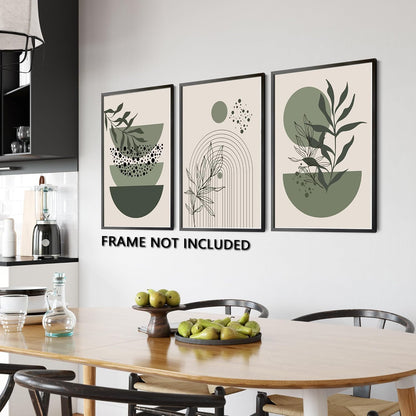 Sage Green Boho Wall Art Set of 3 Abstract Minimalist Geometric Line Poster Green Botanical Leaf Canvas Prints Modern Artwork Painting Decor for Living Room Bedroom Office 12x16 in Unframed