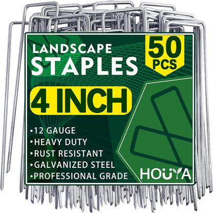 50 Pack Landscape Staples 4 Inch 12 Gauge Garden Stakes Galvanized Garden Staples Pins Anti-Rust Ground Stakes for Weed Barrier, Irrigation Tubing, Yard Lawn, Landscape Fabric