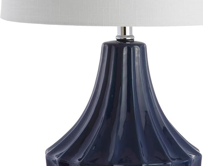 JONATHAN Y 24.5" Navy Blue Ceramic Table Lamp for Bedroom, Modern Bedside Desk Lamp, White Linen Drum Shade, Fluted Gourd for Living Room, LED Bulb Included JYL8018A
