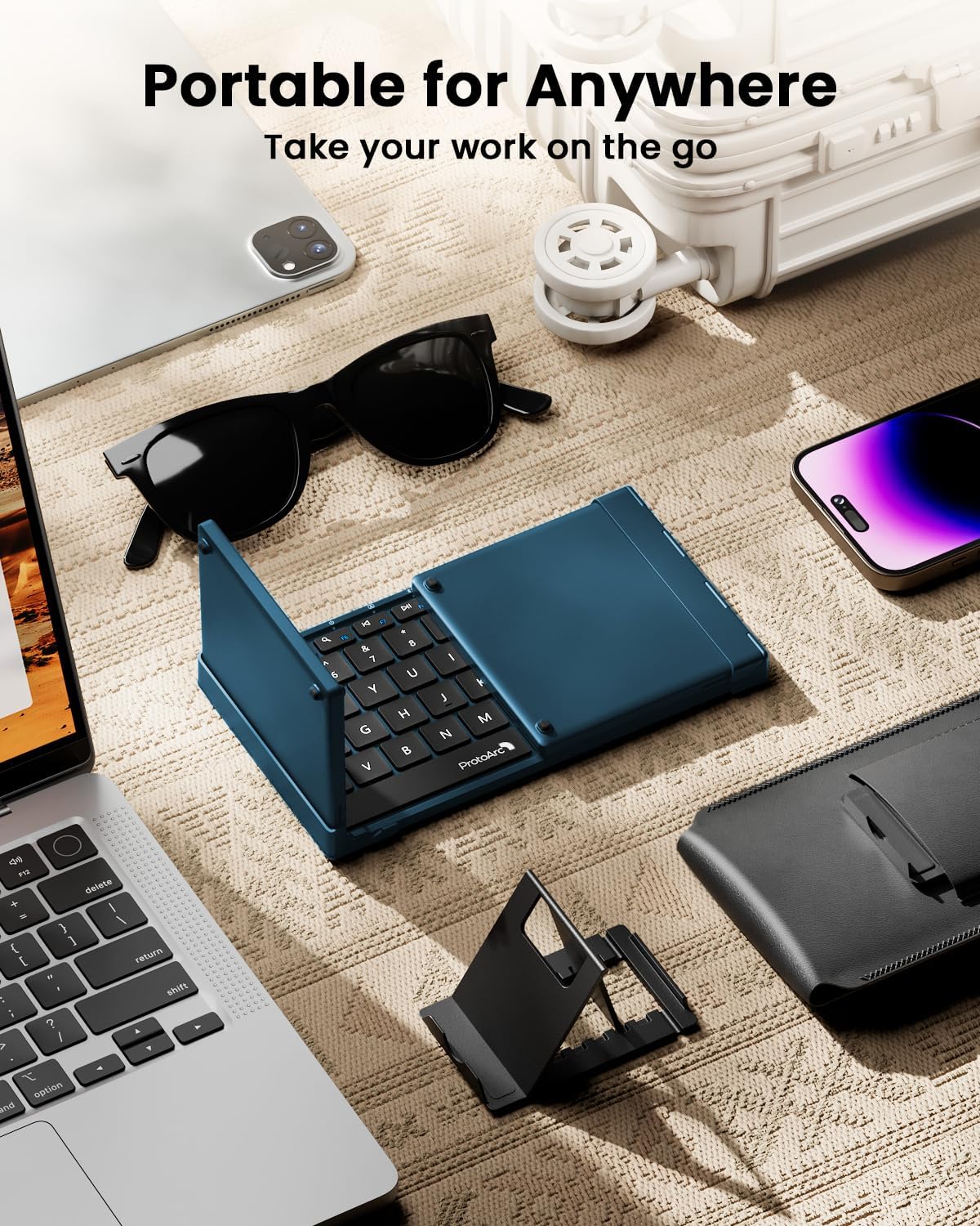ProtoArc Foldable Keyboard with Touchpad, XK01 TP Folding Portable Keyboard, Full Size Keys, Large Trackpad Bluetooth Travel Keyboards for iPad Laptop PC Tablets - Blue