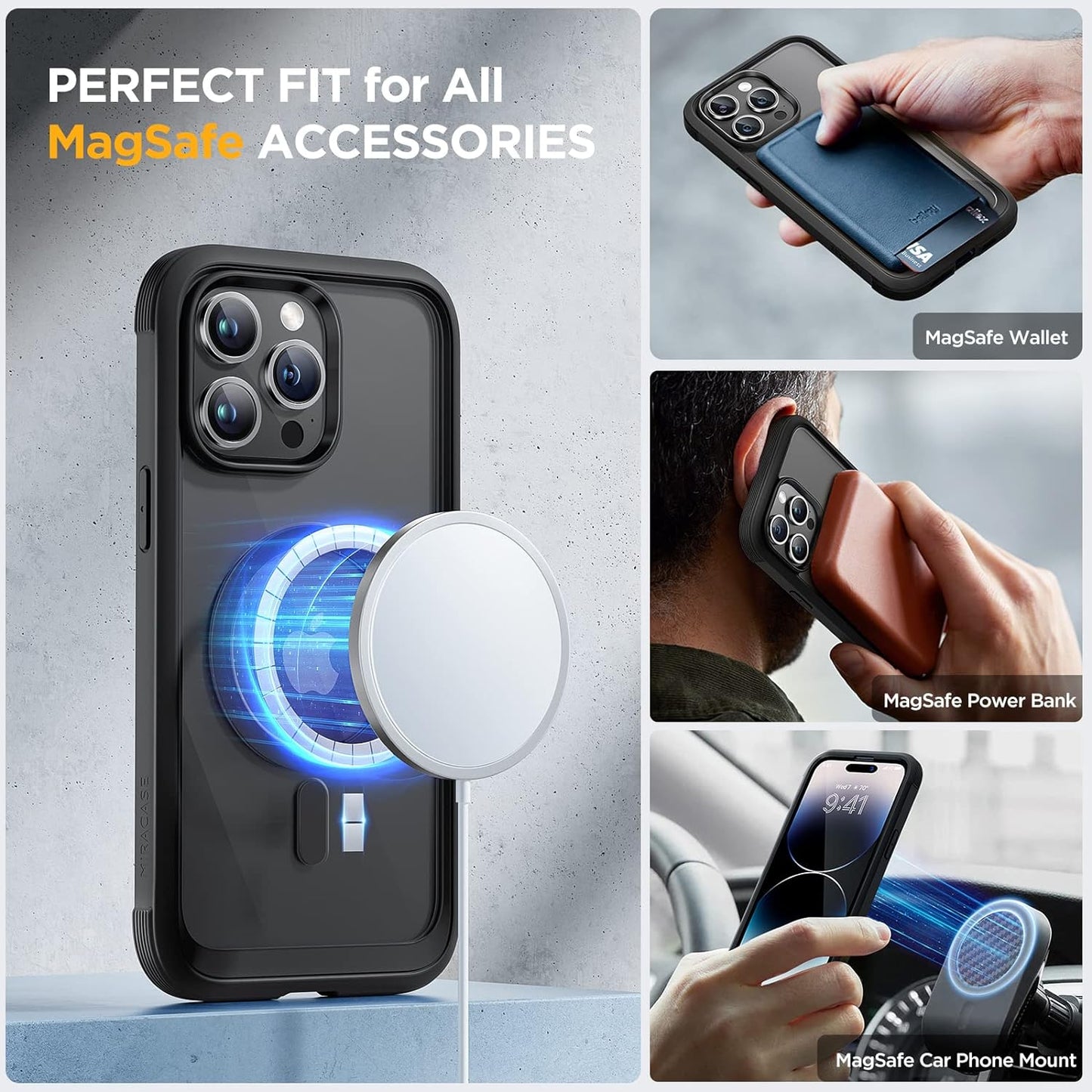 Miracase Glass Series Designed for iPhone 14 Pro Max Case 6.7 Inch, Upgrade Full-Body Magnetic Case with Built-in 9H Tempered Glass Screen Protector, with Camera Lens Protector, Magnetic Black