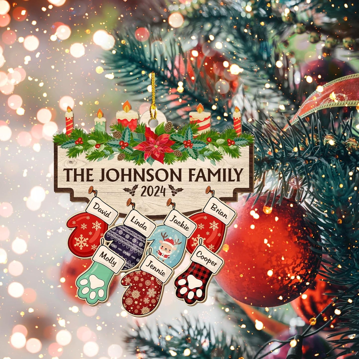 Family with Pet Ver 2 - Personalized Custom Wood Ornament, Family Gloves Christmas Ornament 2024, Xmas Ornament Gifts for Family Tree Decoration (A06, 8 Names)