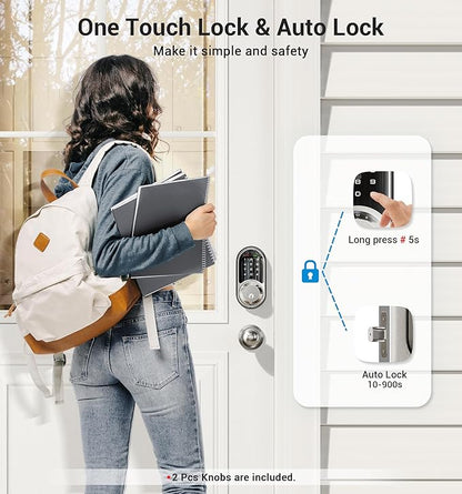 Veise RZ06C Smart Locks for Front Door, 2 Knob Handle Set, Keyless Entry Deadbolt, App Control, Electronic Touchscreen Digital Keypad, Auto Lock, Easy Installation, IP54 Waterproof, Satin Nickel