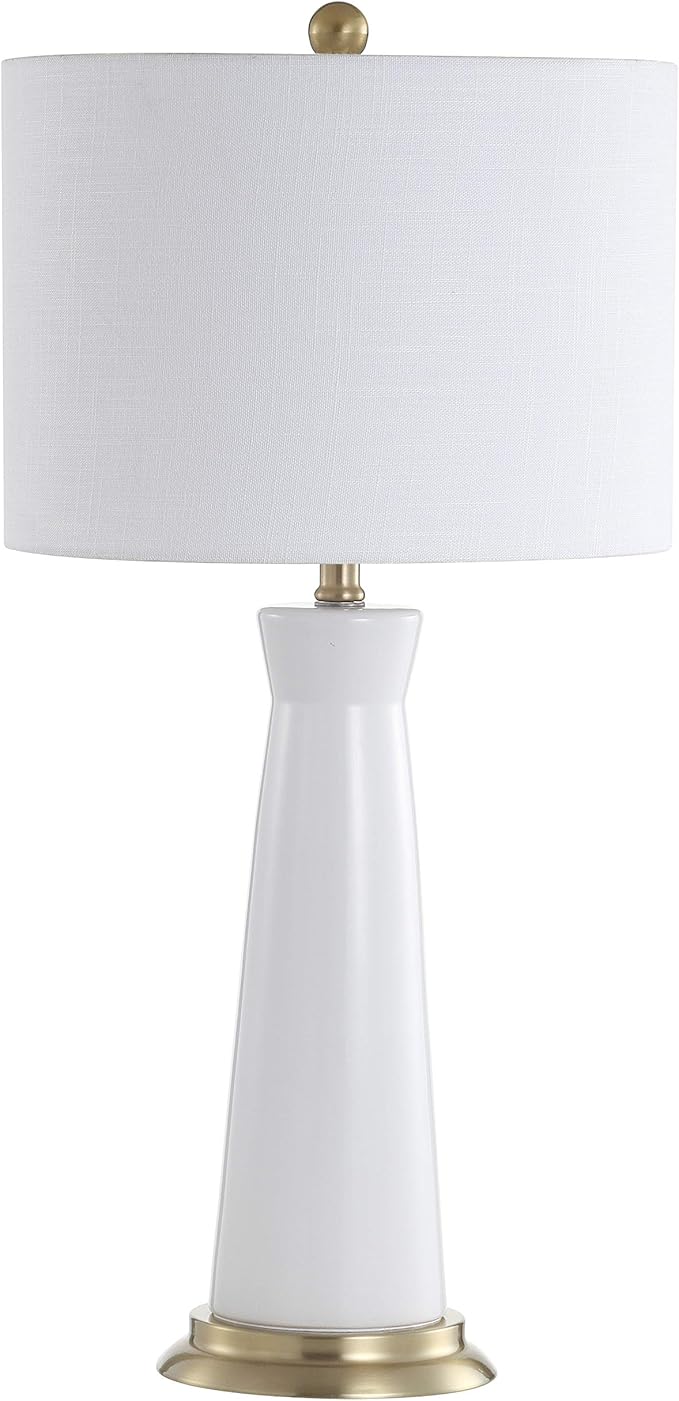 JONATHAN Y 29" White/Brass Gold Modern Ceramic Column Table Lamp with Brass Gold Base, Elegant Bedside Lamp for Living Room Bedroom Nightstand, White Linen Shade, LED Bulb Included (JYL3046B)