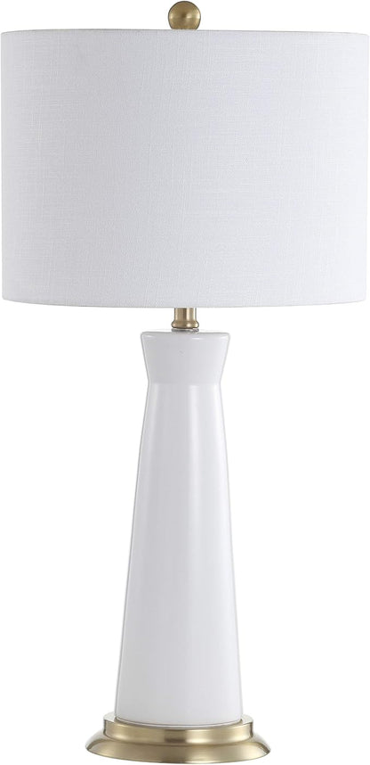 JONATHAN Y 29" White/Brass Gold Modern Ceramic Column Table Lamp with Brass Gold Base, Elegant Bedside Lamp for Living Room Bedroom Nightstand, White Linen Shade, LED Bulb Included (JYL3046B)