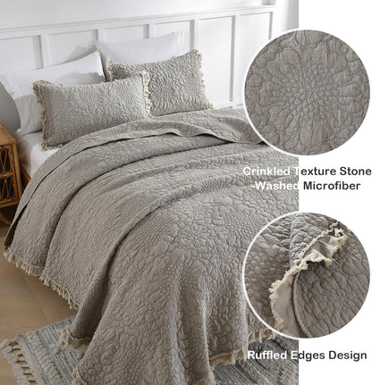 HORIMOTE HOME Beige Ruffled Quilt Twin Size, Stone-Washed Microfiber Lightweight Crinkled Farmhouse Rustic Shabby Chic Bedding Set, 2 Pieces Reversible Bedspread with Pillow Sham for All Season