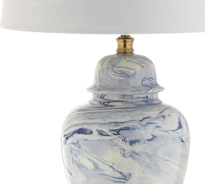 JONATHAN Y 26" Blue and White Marble Ceramic Table Lamp, Traditional Ginger Jar Style with Brass Gold Base, White Linen Drum Shade, LED Bulb Included JYL3010A