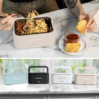 Nostalgia Portable Heated Lunch Box – 4-Cup Stainless Steel Food Warmer – Detachable Cord, Leak-Proof Lid, Carry Handle – Portable for Work & Travel – Oatmeal