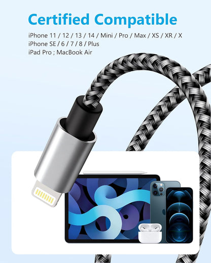 IDISON [MFi Certified iPhone Charger, 5Pack(3/3/6/6/10FT) iPhone Charging Cable Nylon Braided Fast Charging Cord Compatible for iPhones/Pad-BlackGrey
