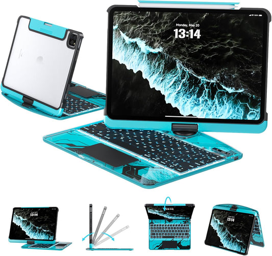 Transparent Case with Keyboard for iPad 9th (7th, 8th, and 9th Gen) 10.2 Inch,with 7-Color Backlit Wireless Keyboard,360°Rotatable Protective Case Multi-Touch Trackpad,with Pencil Holder,Blue