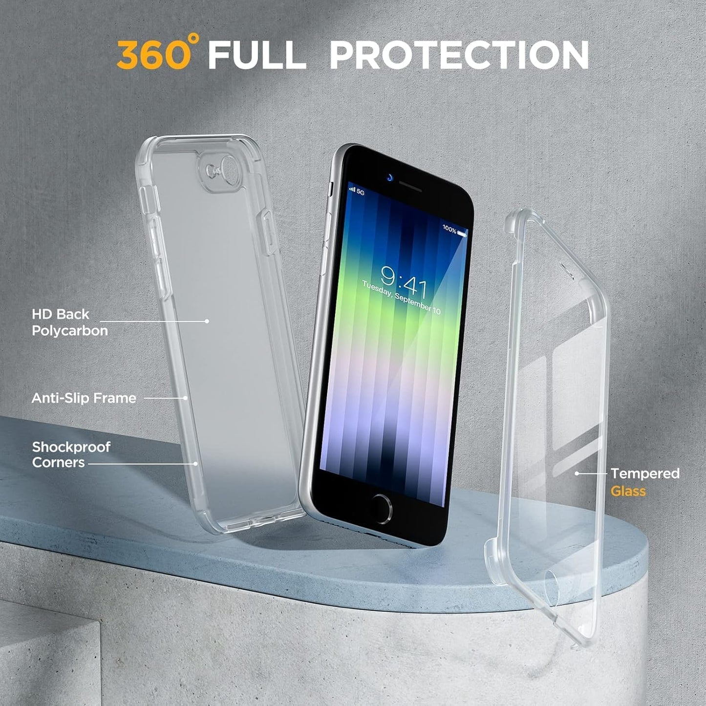 Miracase for iPhone SE Phone Case 3rd/2nd Generation 2022 2020 Full-Body with Built-in Glass Screen Protector, Heavy Duty 360° Protective Shockproof Bumper Cover for iPhone 8/SE, Matte Clear