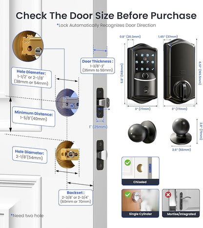 Veise VE027-K Built-in WiFi Smart Lock with 2 Knob, Fingerprint Keyless Entry Door Lock Handle Set for Front Door, App Remote Control, Electronic Digital Keypad Deadbolt, IP65 Waterproof, Matte Black