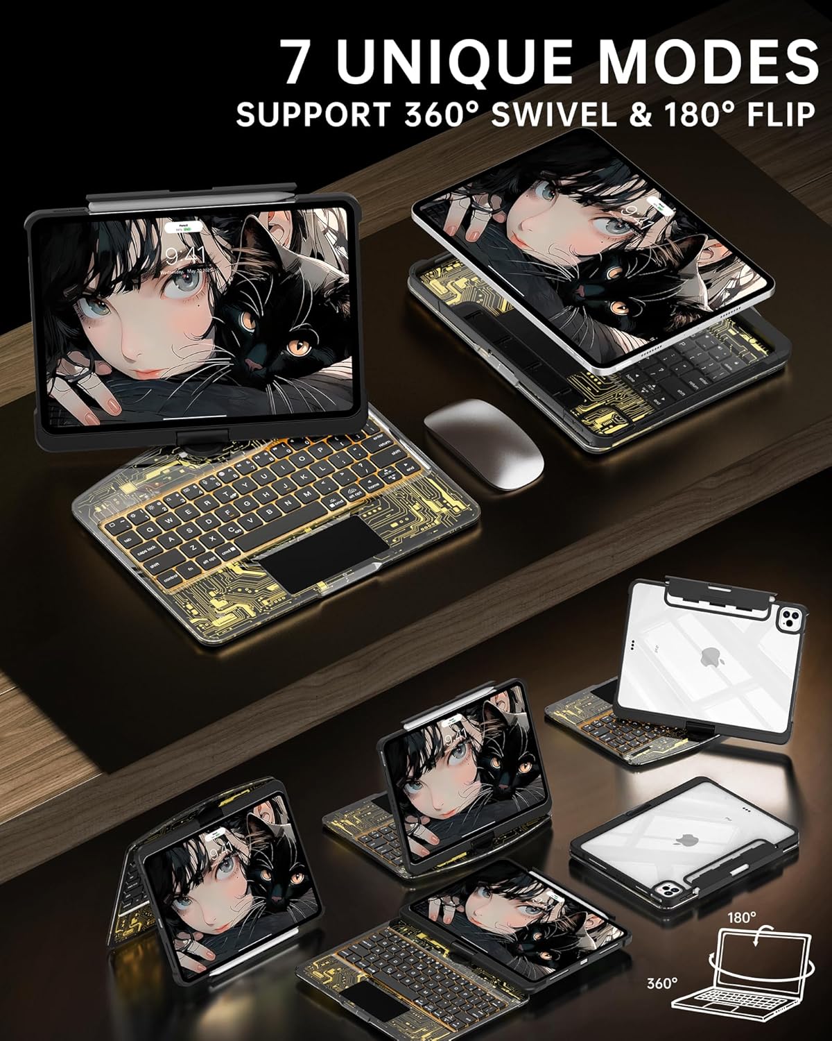 Intermerge Clear Keyboard Case for iPad Air 11" (M3/M2, 2025/2024), Air 5th/4th, Pro 11" 2022-2018, 360° Swivel Multi-Touch Trackpad, 7-Color Backlit, Pencil Holder, Type-C, Shadow Pulse