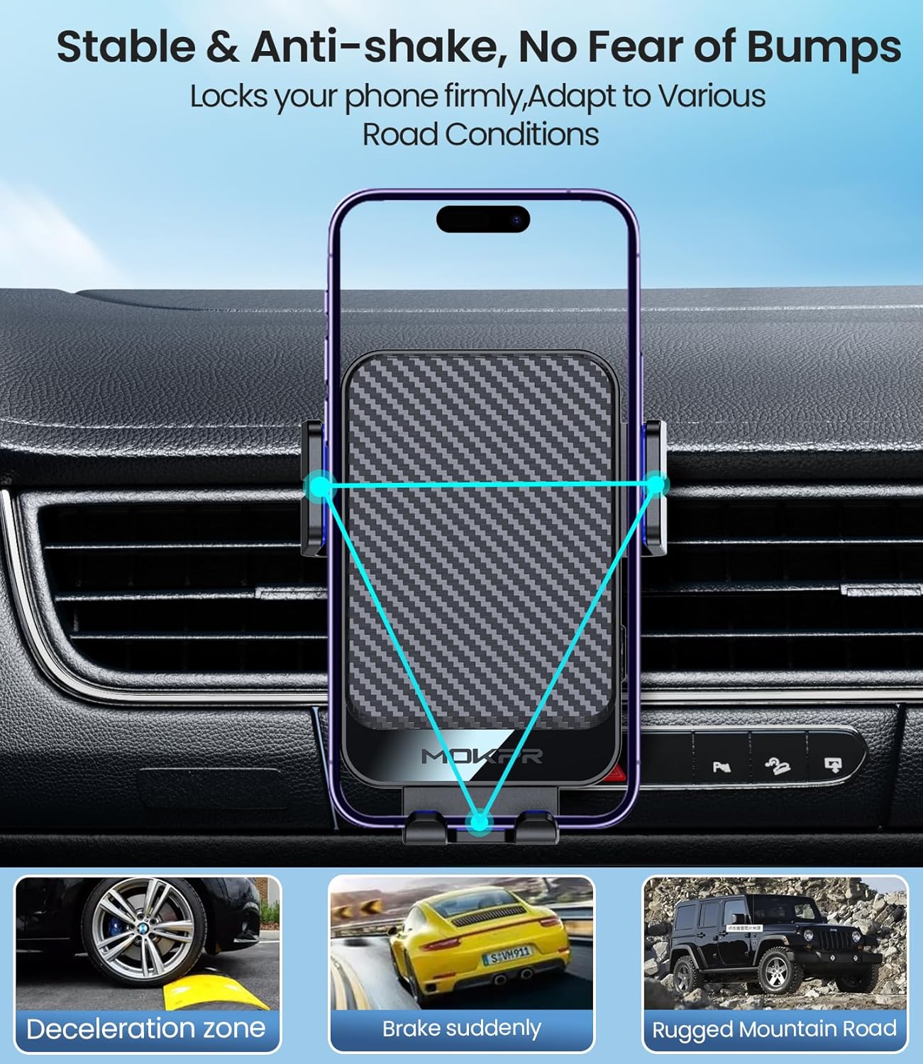 Wireless Car Charger, MOKPR 15W Fast Charging Auto-Clamping Car Mount Hands-Free Car Charger Mount for Dash Windshield Air Vent Compatible with iPhone 16 15/14/13/12, Samsung S23/S22/S21,Blue