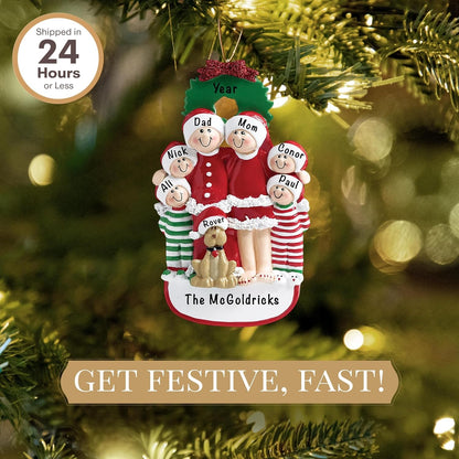 Personalized Family of 6 with Dog Ornament 2025 | Free 24h Customization | Christmas Ornaments for Tree | Custom Gift Wrapped Pet Keepsake for Dog-Lovers