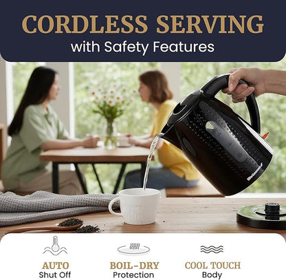 Elite Gourmet EKT5051 1.7L Electric Water Kettle, BPA-Free, Fast Boil, Auto Shut-Off, Boil-dry Protection, 360° Swivel Base with Cordless Serving, Clear-view Window with Water Level Markings, Black