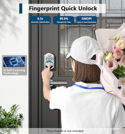 TEEHO TE002 Fingerprint Door Lock - Keyless Entry Electronic Keypad Deadbolt with 2 Backup Keys - Auto Lock - Easy Installation - Smart Locks for Front Door - Satin Nickel