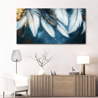 Mofutinpo Blue and Gold Wall Art Navy Blue Decor for Living Room Feather Canvas Art Wall Decor, Blue Bedroom Wall Decor Above Bed Pictures Wall Painting - Artwork for Walls 24×48IN
