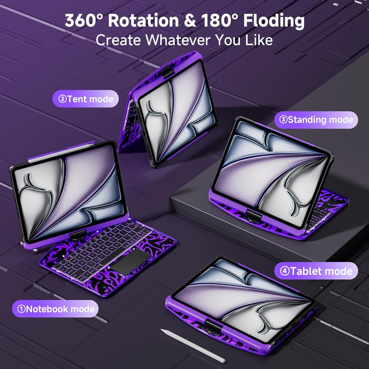 iPad Keyboard Case for iPad 10th Gen (2022) & 11th (A16, 2025), Magic Wireless Keyboard with Trackpad 7 Color Backlit 360° Rotating Stand Transparent Protective Cover with Pencil Holder (Purple)