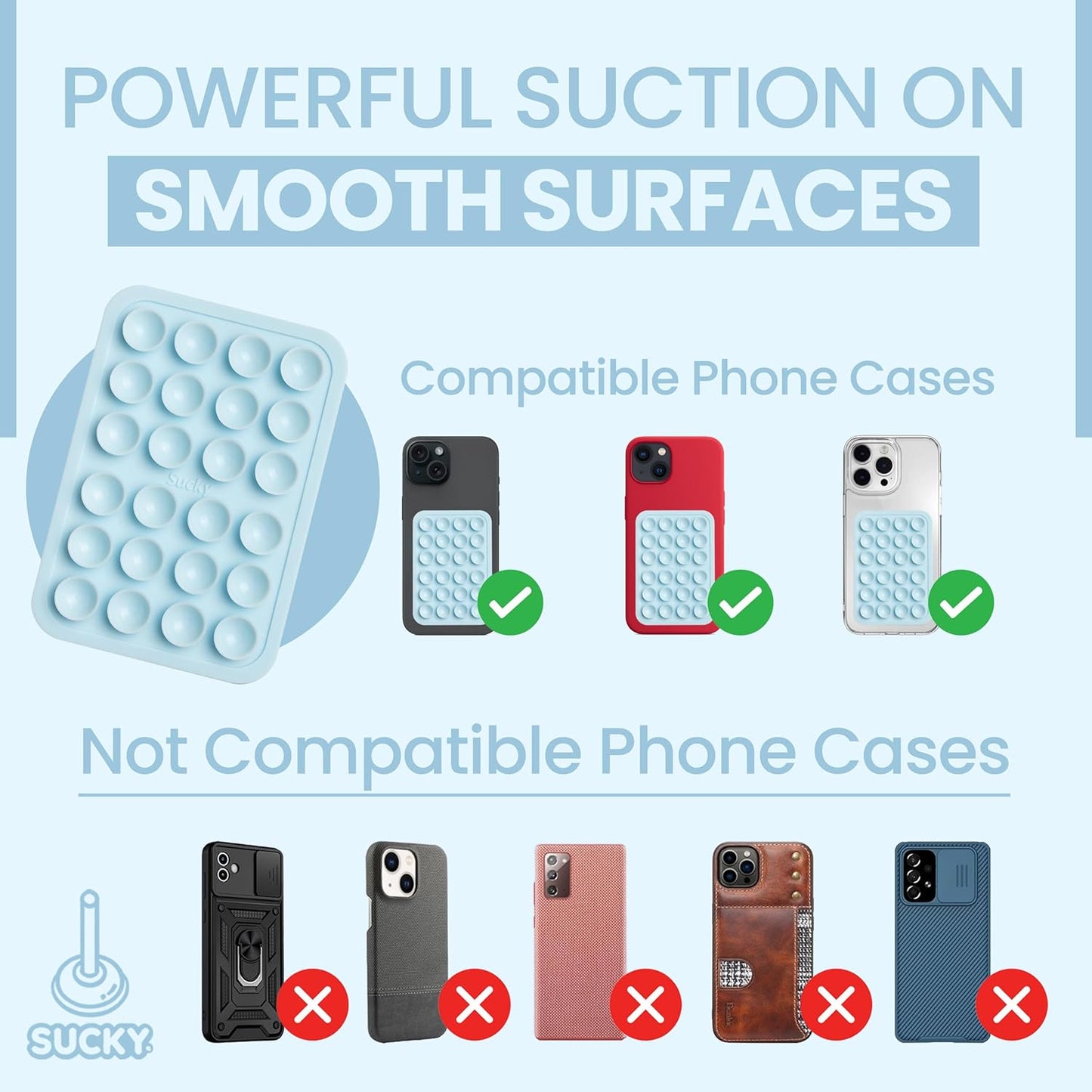 SUCKY Silicone Suction Phone Case Adhesive Octo Cup Buddy Mount - Anti-Slip Holder, Hands-Free Phone Accessory for iPhone & Android - Sticky Grip for Selfies, Videos - Baby Blue