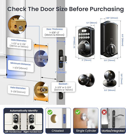 Veise VE012W-K Built-in WiFi Fingerprint Smart Lock with 2 Knobs, No Hub Needed, Remote APP Control, Keyless Entry Door Lock, Smart Deadbolt for Front Door, Auto Locking, Matte Black