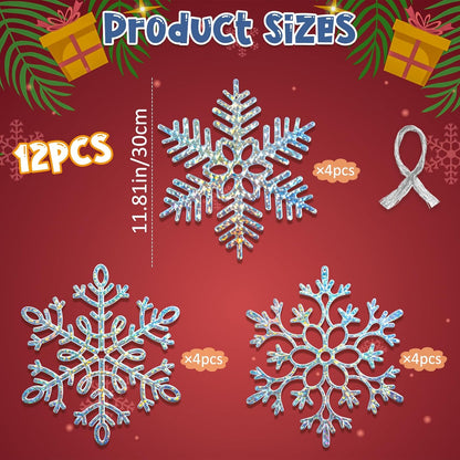 12pcs Large Iridescent Snowflakes Christmas Ornaments-12 Big Plastic Glitter Hanging Snow Flakes for Christmas Tree Decorations Winter Indoor Outdoor Window Home Decor Giant Craft Snowflakes