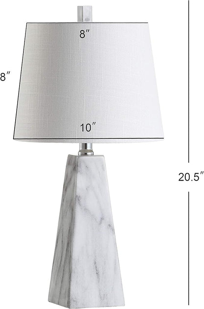 JONATHAN Y 20.5" White Marble Finish Modern Resin Table Lamp for Bedroom Living Room, Contemporary Faceted Bedside Lamp with White Linen Shade, LED Bulb Included JYL1037A