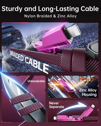 SHEZI [Upgraded 2.0] 4-in-1 USB C Cable 60W 5FT Fast Charging [480Mbps Data Transfer] Flat Nylon Braided Charger Cord Combo, USB A/C to C/L Multi Charge Cable for iPhone/iPad & Most Devices, Pink