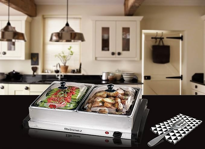 Elite Gourmet EWM-6122# Dual 2 x 2.5 Qt. Trays, Buffet Server, Food Warmer Temperature Control, Clear Slotted Lids, Perfect for Parties, Entertaining & Holidays, 5 Qt Total, Stainless Steel