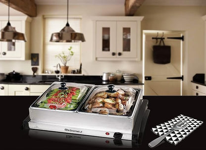 Elite Gourmet EWM-6122# Dual 2 x 2.5 Qt. Trays, Buffet Server, Food Warmer Temperature Control, Clear Slotted Lids, Perfect for Parties, Entertaining & Holidays, 5 Qt Total, Stainless Steel