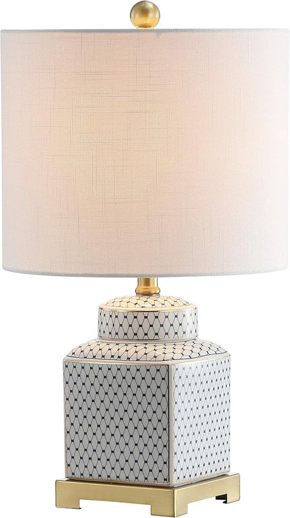 JONATHAN Y 21.5" White and Navy Blue Ceramic Ginger Jar LED Table Lamp, Modern Chinoiserie Fishnet Pattern with White Linen Shade and Brass Gold Base, LED Bulb Included JYL3043A