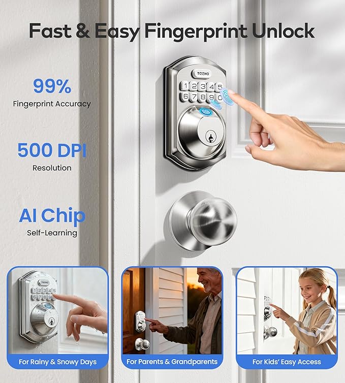 TEEHO TE012W-K WiFi Smart Keyless Entry Door Lock with Handle, Fingerprint Door Knob & Digital Keypad, APP Remote Control, Works with Alexa & Google, Electronic Deadbolt for Front Door, Satin Nickel