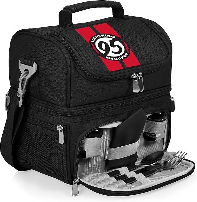 PICNIC TIME Disney Pixar Cars Lightning McQueen Pranzo Insulated Lunch Box, Soft Sided Cooler Lunch Bag with Utensil Set, Dual Compartment Lunchbox, (Black)