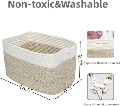Cotton Rope storage Basket Bins Woven Basket for Organizing Shelves Rectangle Decorative Baskets For storage Clothes Toys Books Towels Square Wicker Nursery basket organizer 3 pack white and brown