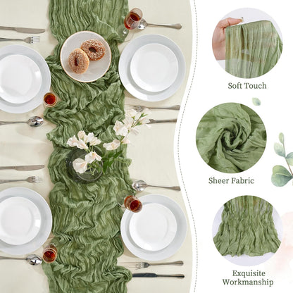 24 Pack Sage Green Cheesecloth Table Runner 10FT Long Boho Gauze Table Runner Rustic Sheer Runner for Wedding Bridal Baby Shower Birthday Party Table Decor Thanksgiving Christmas Decorations